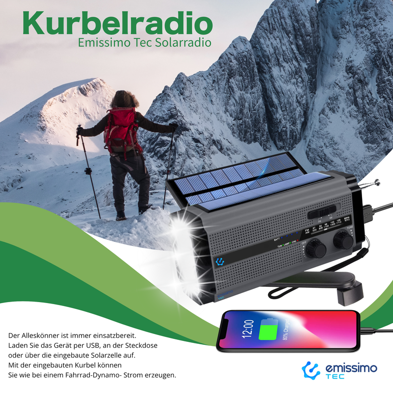Emissimo Tec Solarradio -ONE- Notfallradio Akku Kurbelradio mit USB-Ladeanschluss und Powerbank