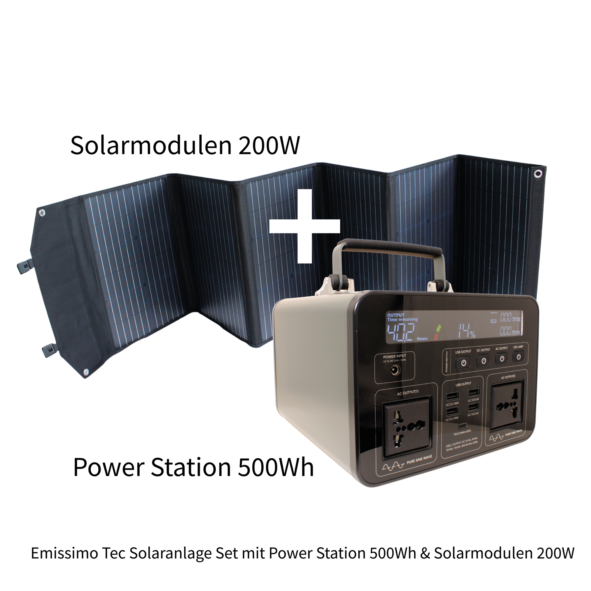Emissimo Tec Starter Set Mobiler Strom für den Notfall: Steckdose 500Wh + 100W Solar Panel