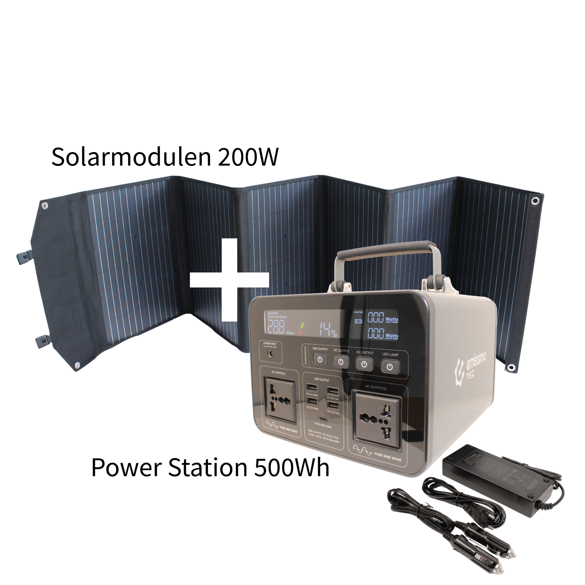Emissimo Tec Starter Set Mobiler Strom für den Notfall:  Steckdose 500Wh + 100W Solar Panel