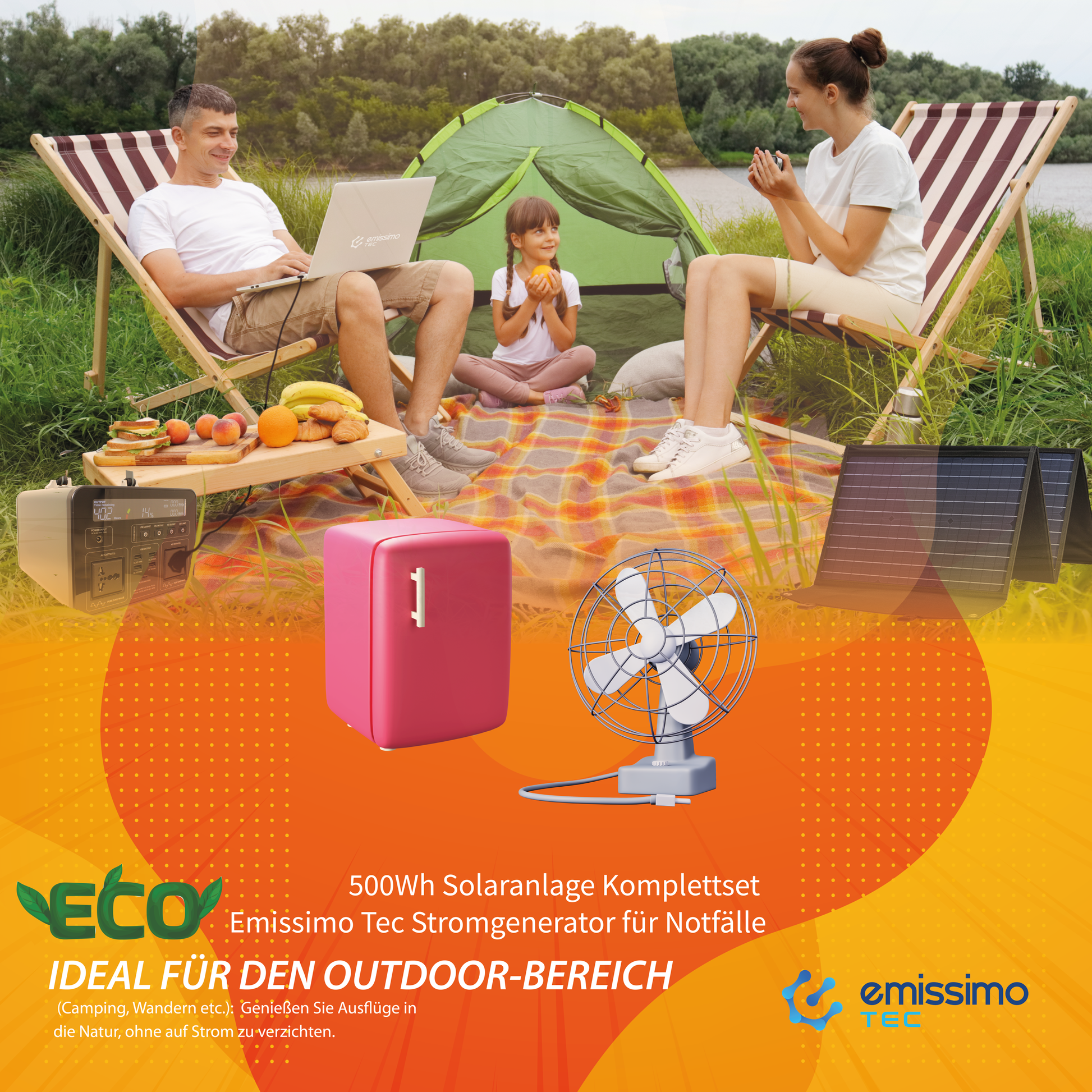 Emissimo Tec Starter Set Mobiler Strom für den Notfall:  Steckdose 500Wh + 100W Solar Panel