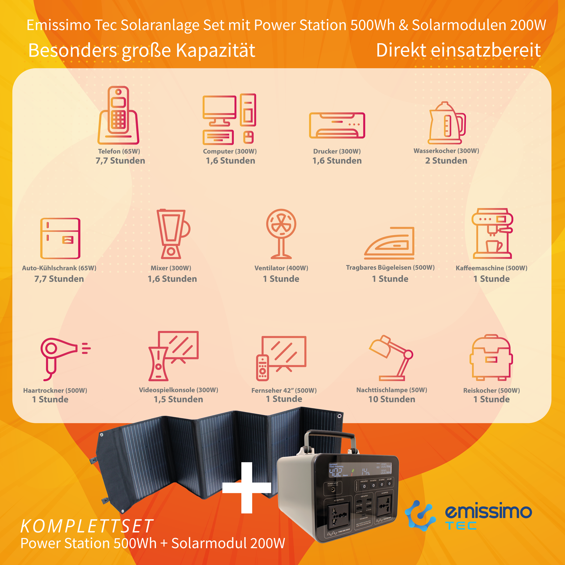 Emissimo Tec Starter Set Mobiler Strom für den Notfall:  Steckdose 500Wh + 100W Solar Panel