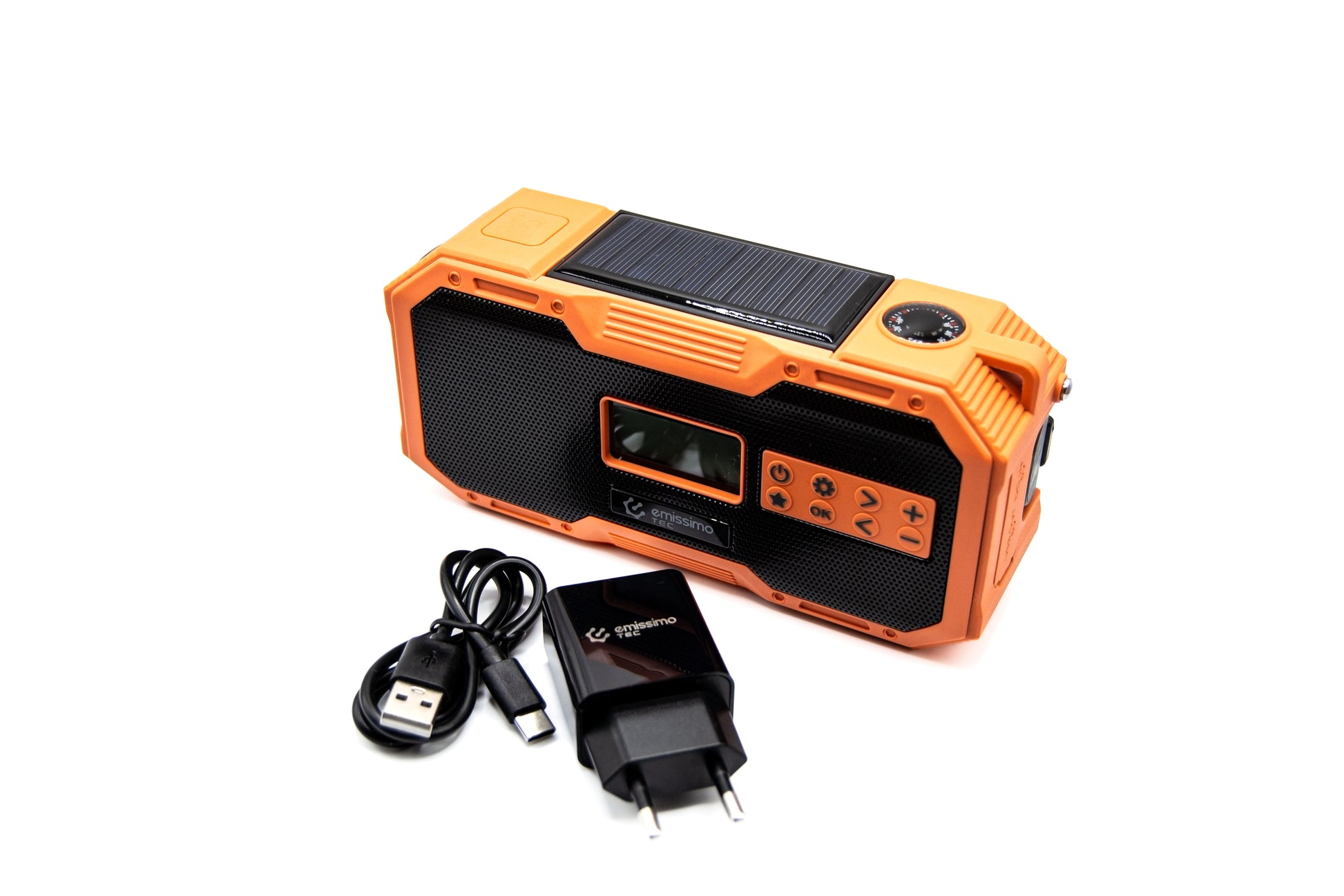 Emissimo Tec Naranya DAB+ Notfallradio Kurbelradio Solarradio Powerbank Taschenlampe USB-C Orange
