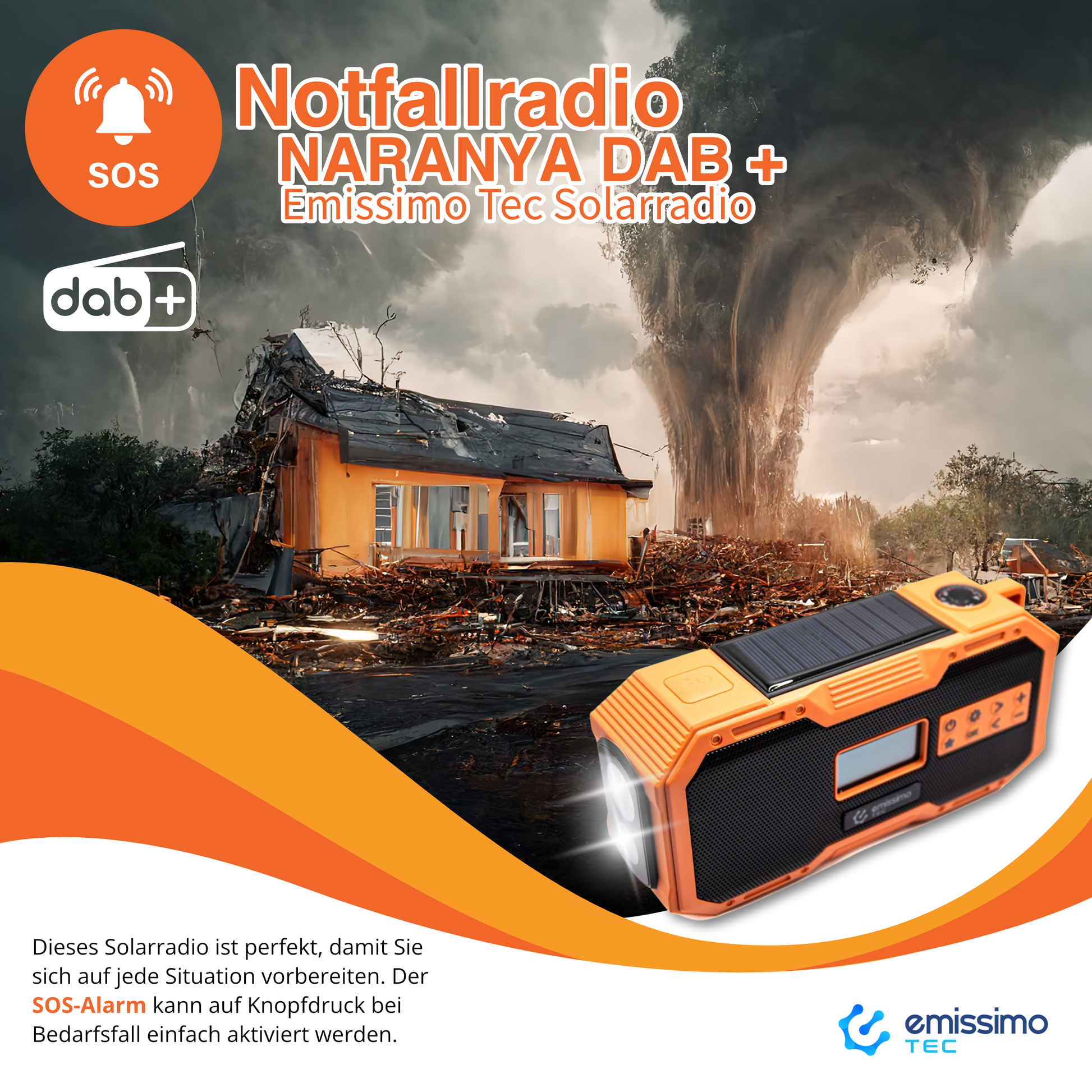 Emissimo Tec Naranya DAB+ Notfallradio Kurbelradio Solarradio Powerbank Taschenlampe USB-C Orange