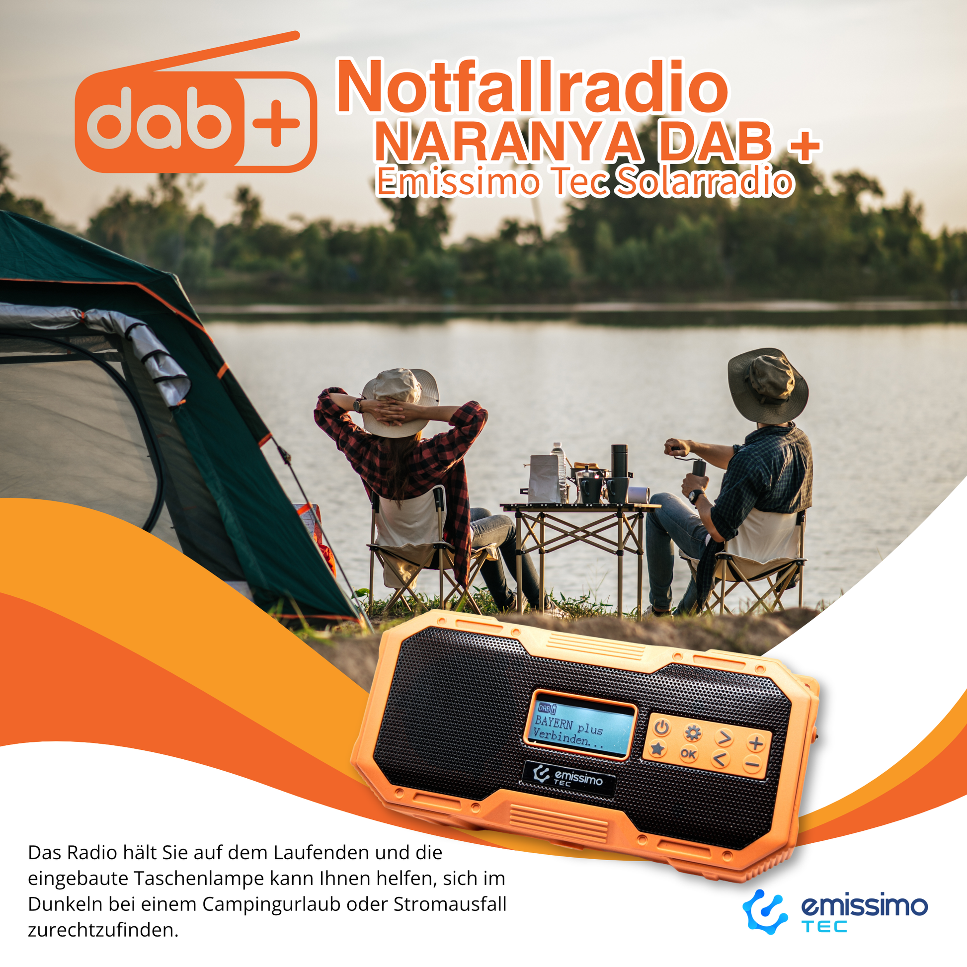 Emissimo Tec Naranya DAB+ Notfallradio Kurbelradio Solarradio Powerbank Taschenlampe USB-C Orange