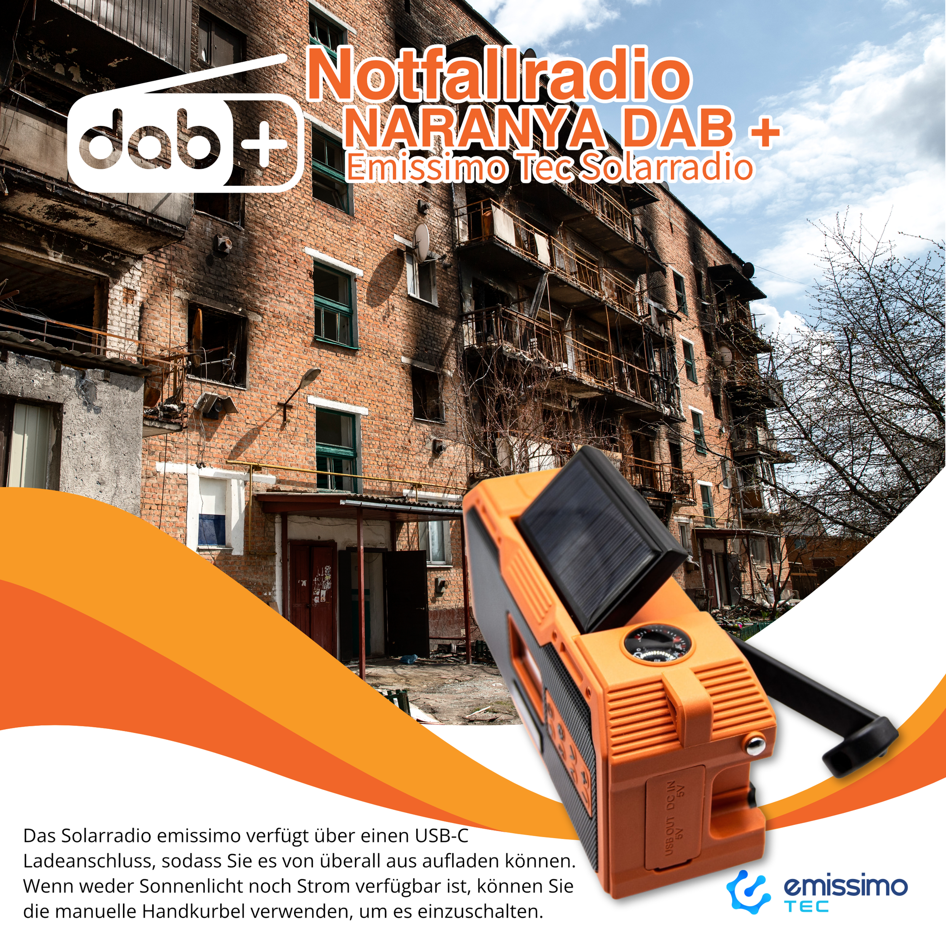 Emissimo Tec Naranya DAB+ Notfallradio Kurbelradio Solarradio Powerbank Taschenlampe USB-C Orange