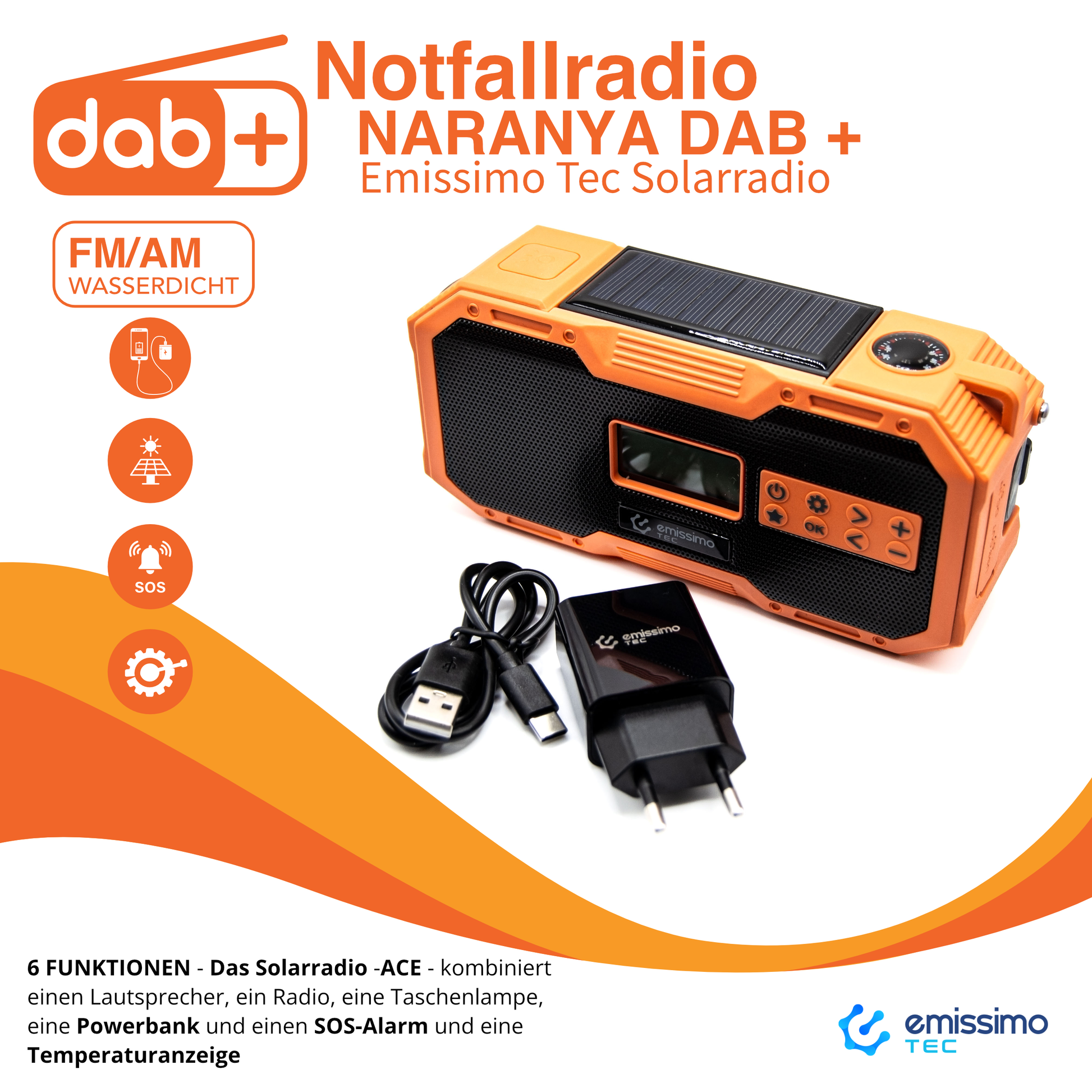Emissimo Tec Naranya DAB+ Notfallradio Kurbelradio Solarradio Powerbank Taschenlampe USB-C Orange