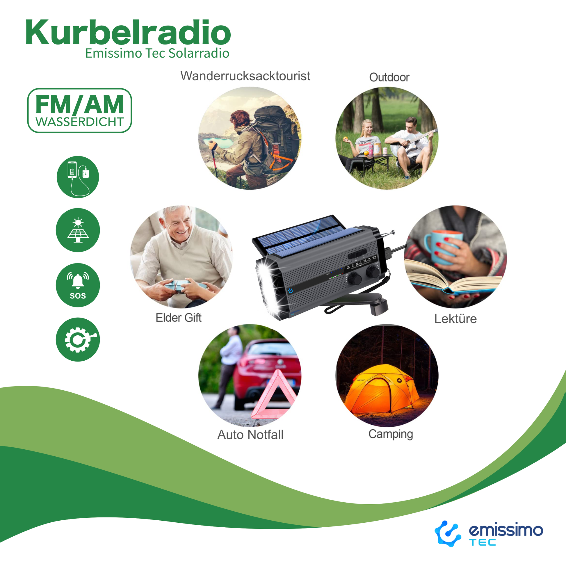 Emissimo Tec Solarradio -ONE- Notfallradio Akku Kurbelradio mit USB-Ladeanschluss und Powerbank