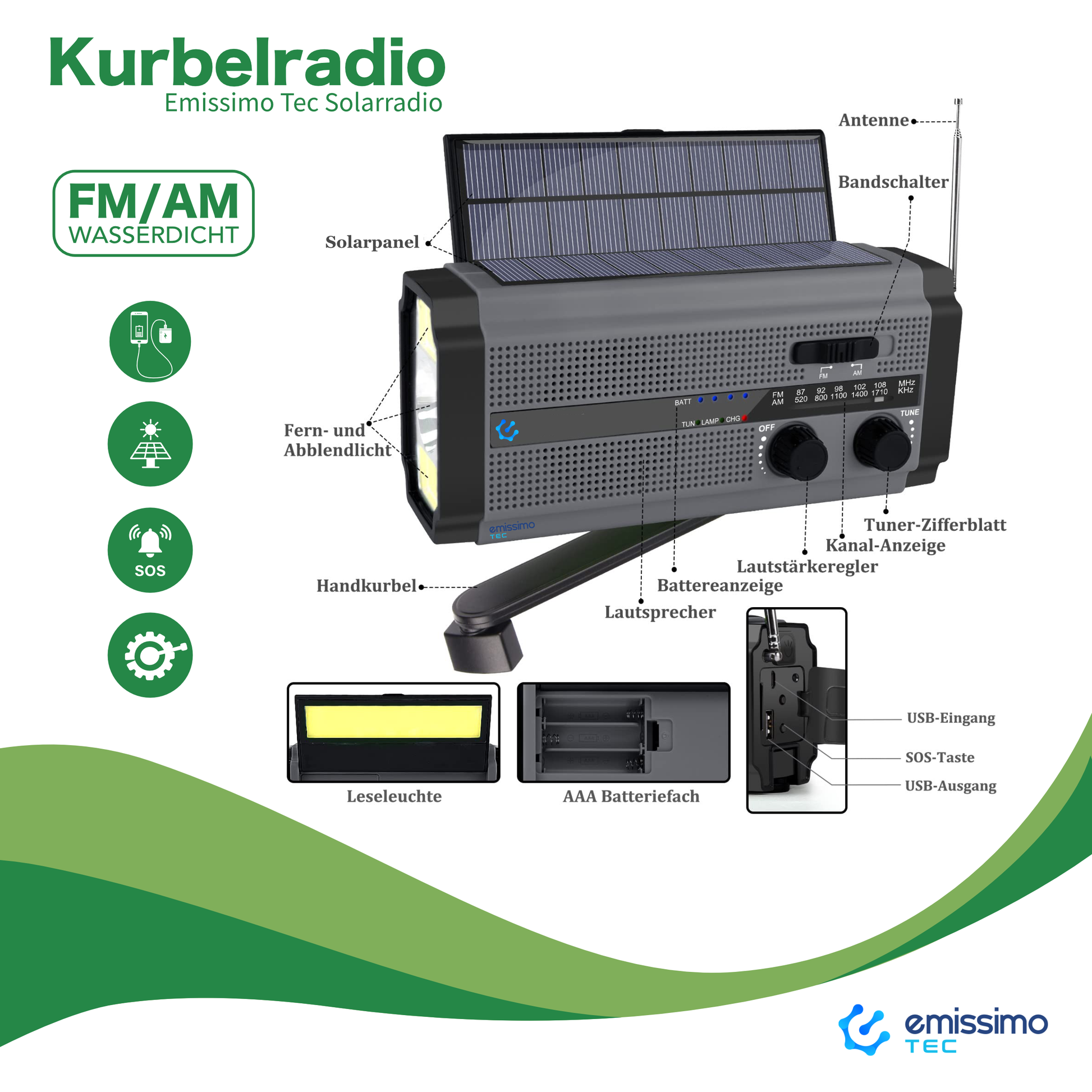 Emissimo Tec Solarradio -ONE- Notfallradio Akku Kurbelradio mit USB-Ladeanschluss und Powerbank