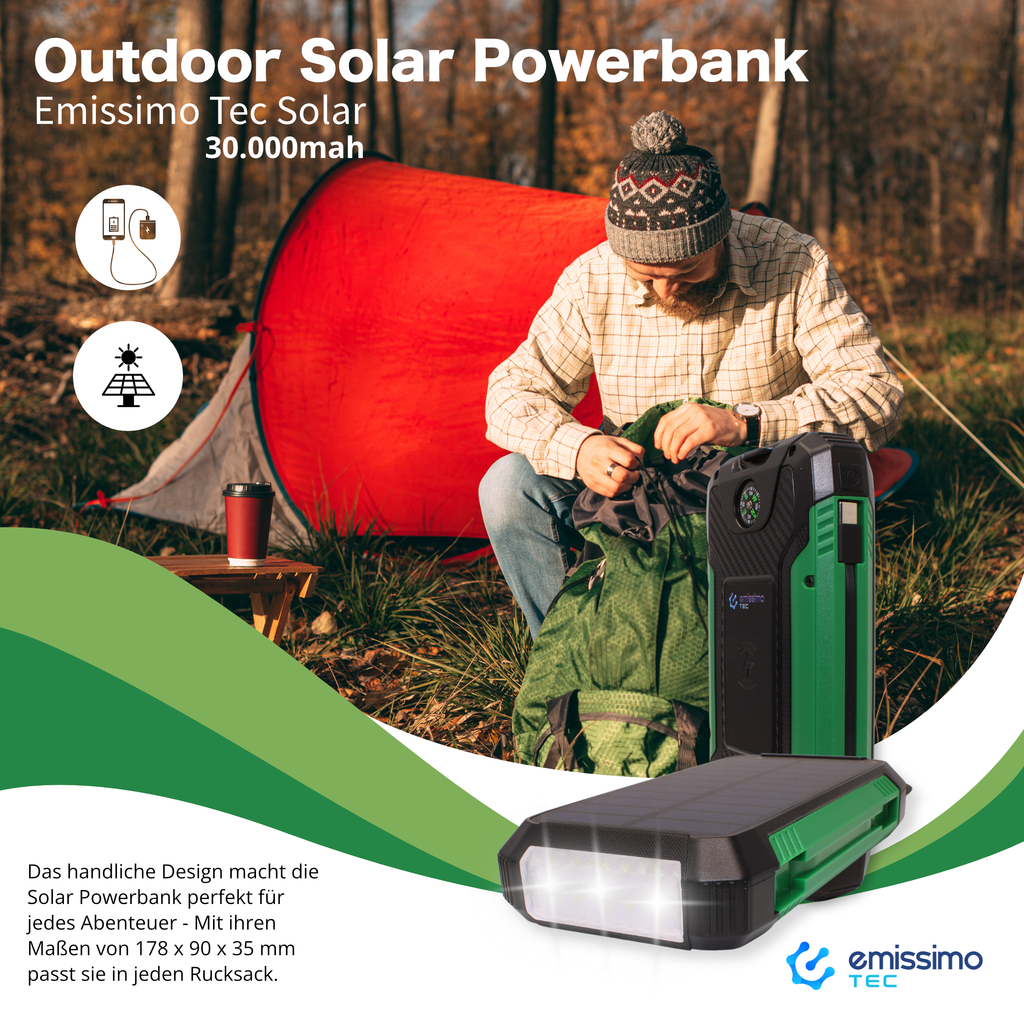 Emissimo Tec Alex Solar Powerbank kompakt Outdoor-Taschenlampe Wireless-Ladegerät 30.000mah Grün