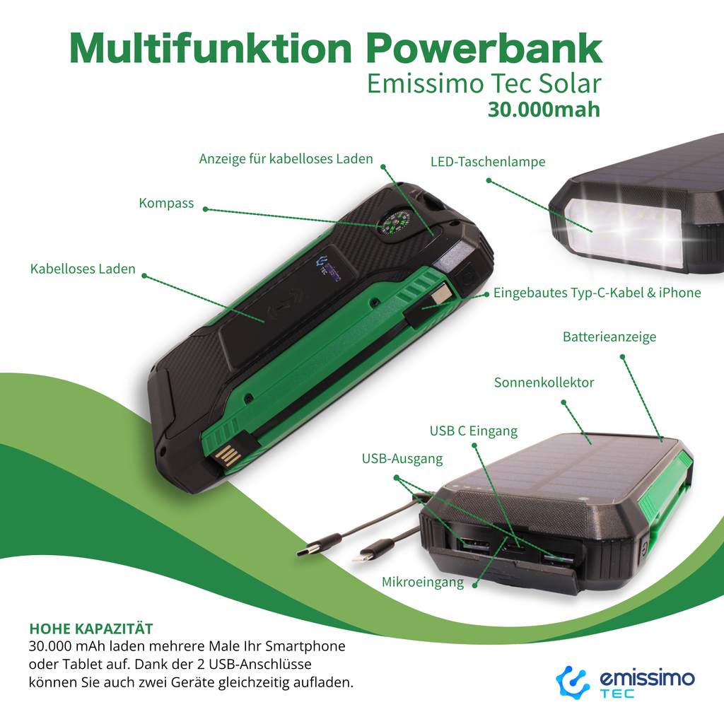 Emissimo Tec Alex Solar Powerbank kompakt Outdoor-Taschenlampe Wireless-Ladegerät 30.000mah Grün