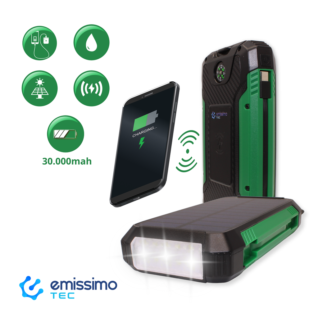 Emissimo Tec Alex Solar Powerbank kompakt Outdoor-Taschenlampe Wireless-Ladegerät 30.000mah Grün