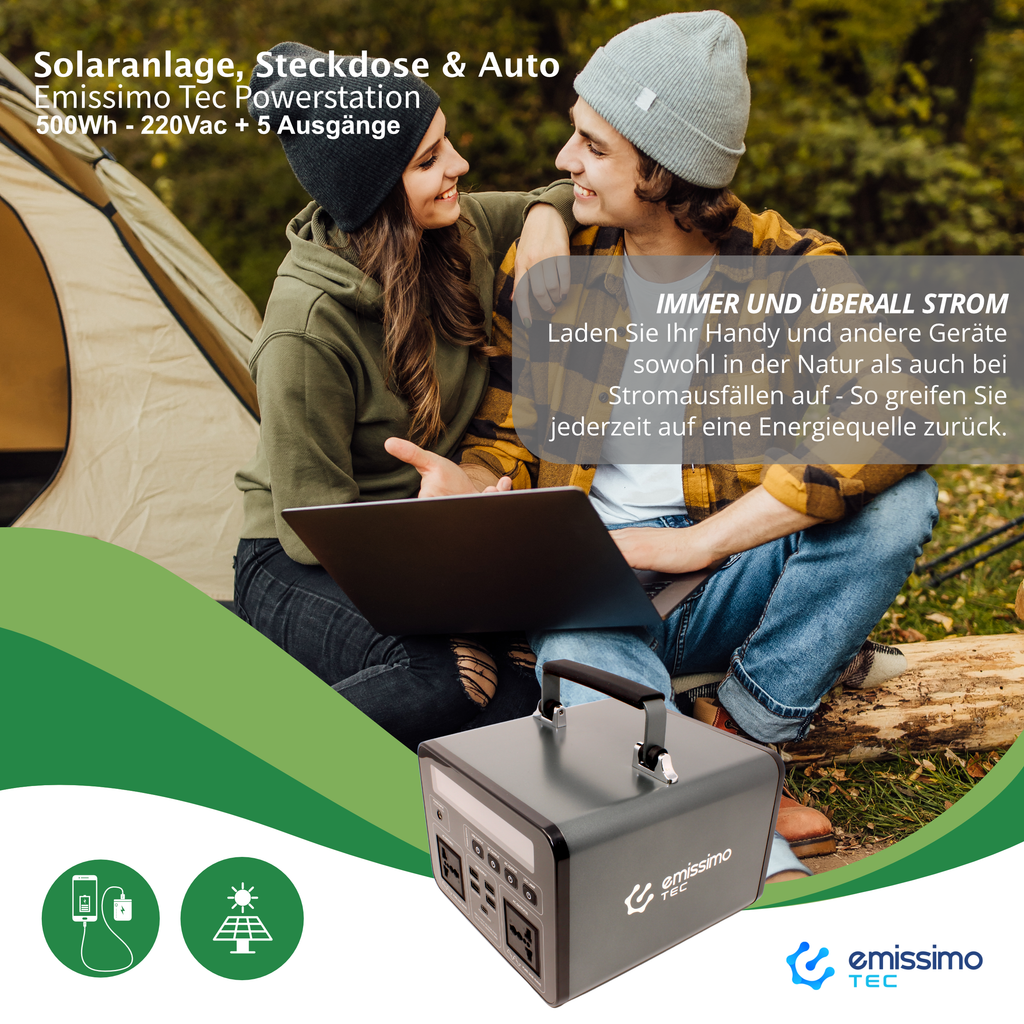 Emissimo Tec Powerstation für den Notfall:  Steckdose 500Wh - 220Vac + 5 Ausgänge