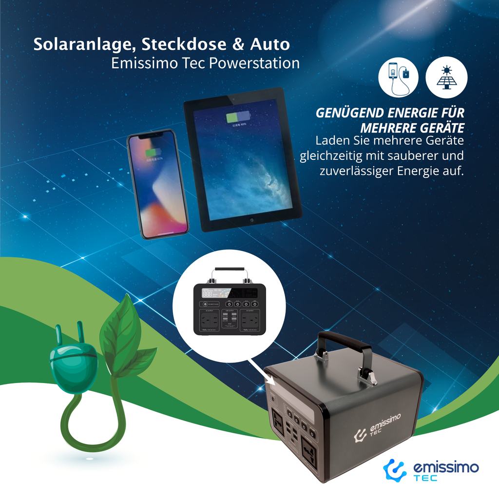Emissimo Tec Powerstation für den Notfall:  Steckdose 500Wh - 220Vac + 5 Ausgänge
