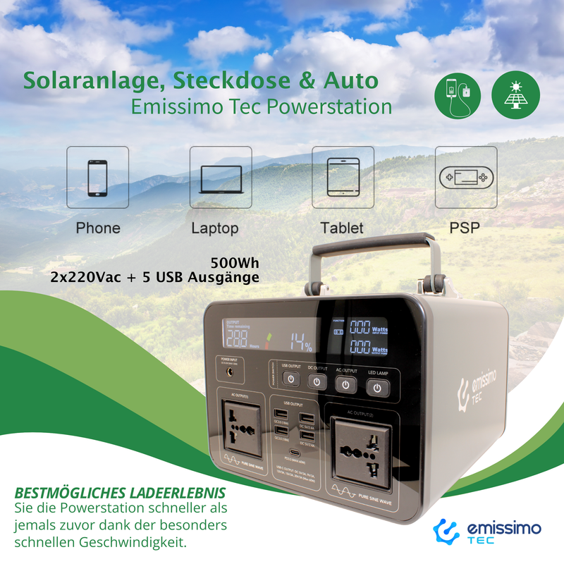 Emissimo Tec Powerstation für den Notfall:  Steckdose 500Wh - 220Vac + 5 Ausgänge