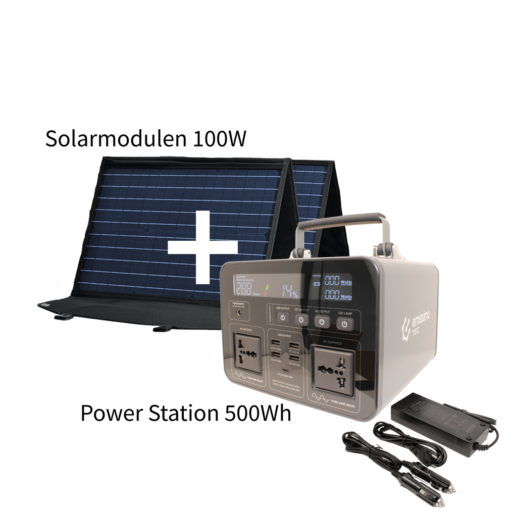 Emissimo Tec Starter Set Mobiler Strom für den Notfall:  Steckdose 500Wh + 100W Solar Panel