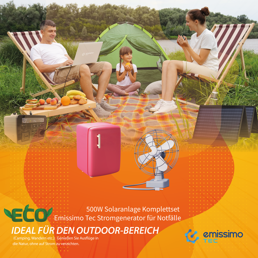 Emissimo Tec Starter Set Mobiler Strom für den Notfall:  Steckdose 500Wh + 100W Solar Panel
