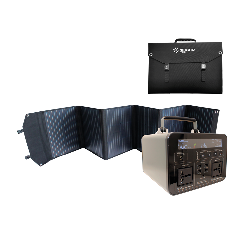 Emissimo Tec Starter Set Mobiler Strom für den Notfall:  Steckdose 500Wh + 100W Solar Panel