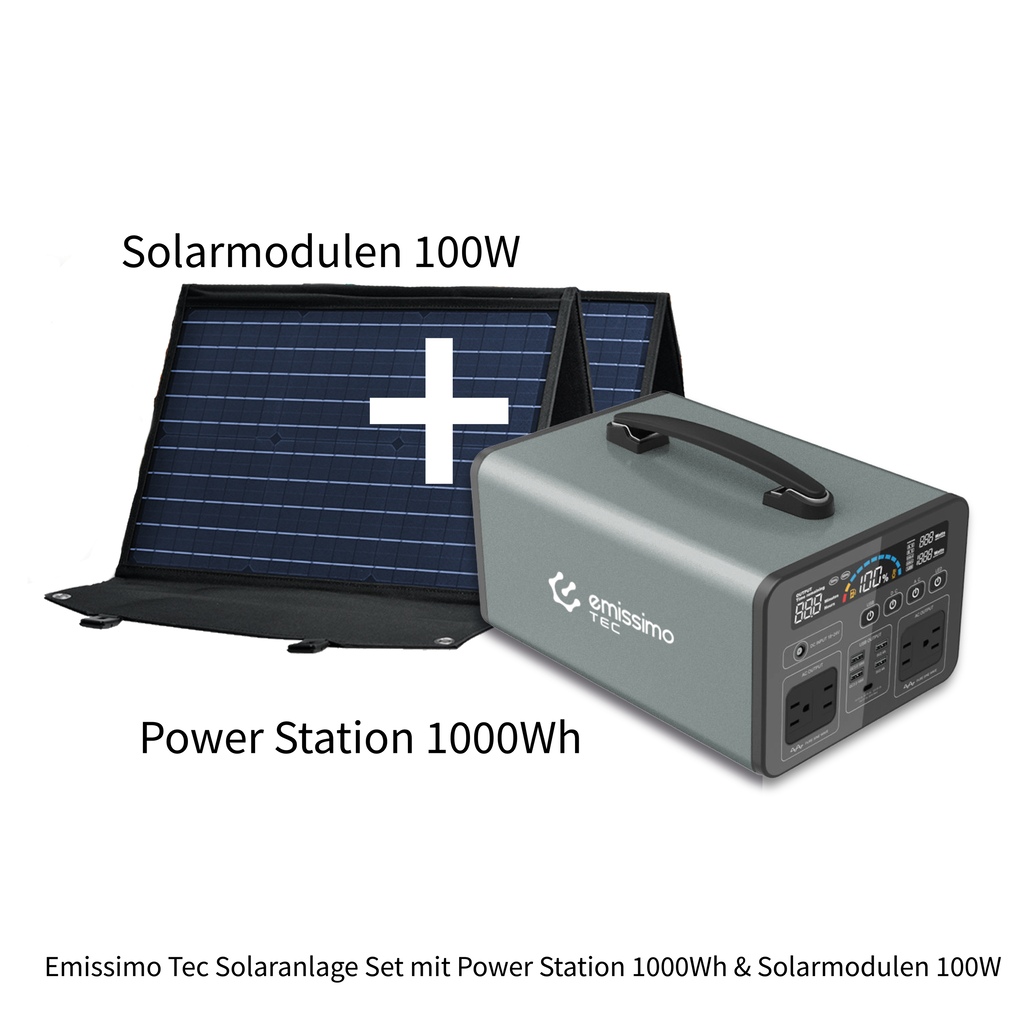 Emissimo Tec Starter Set Mobiler Strom 1000W Power Station + 100W Solar Panel