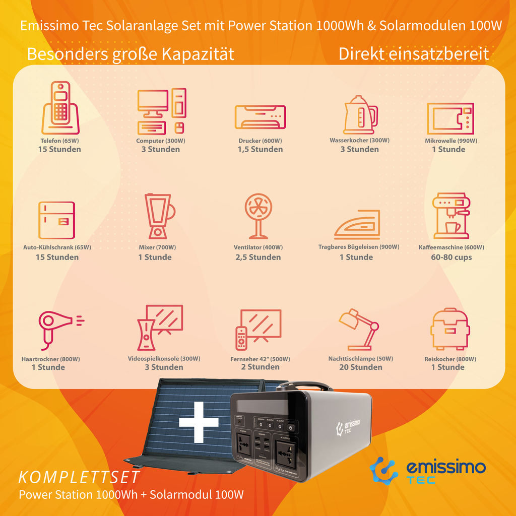 Emissimo Tec Starter Set Mobiler Strom 1000W Power Station + 100W Solar Panel