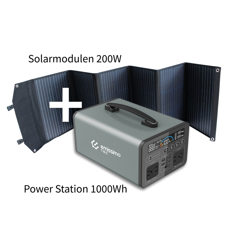 Emissimo Tec Starter Set Mobiler Strom 1000W Power Station + 200W Solar Panel
