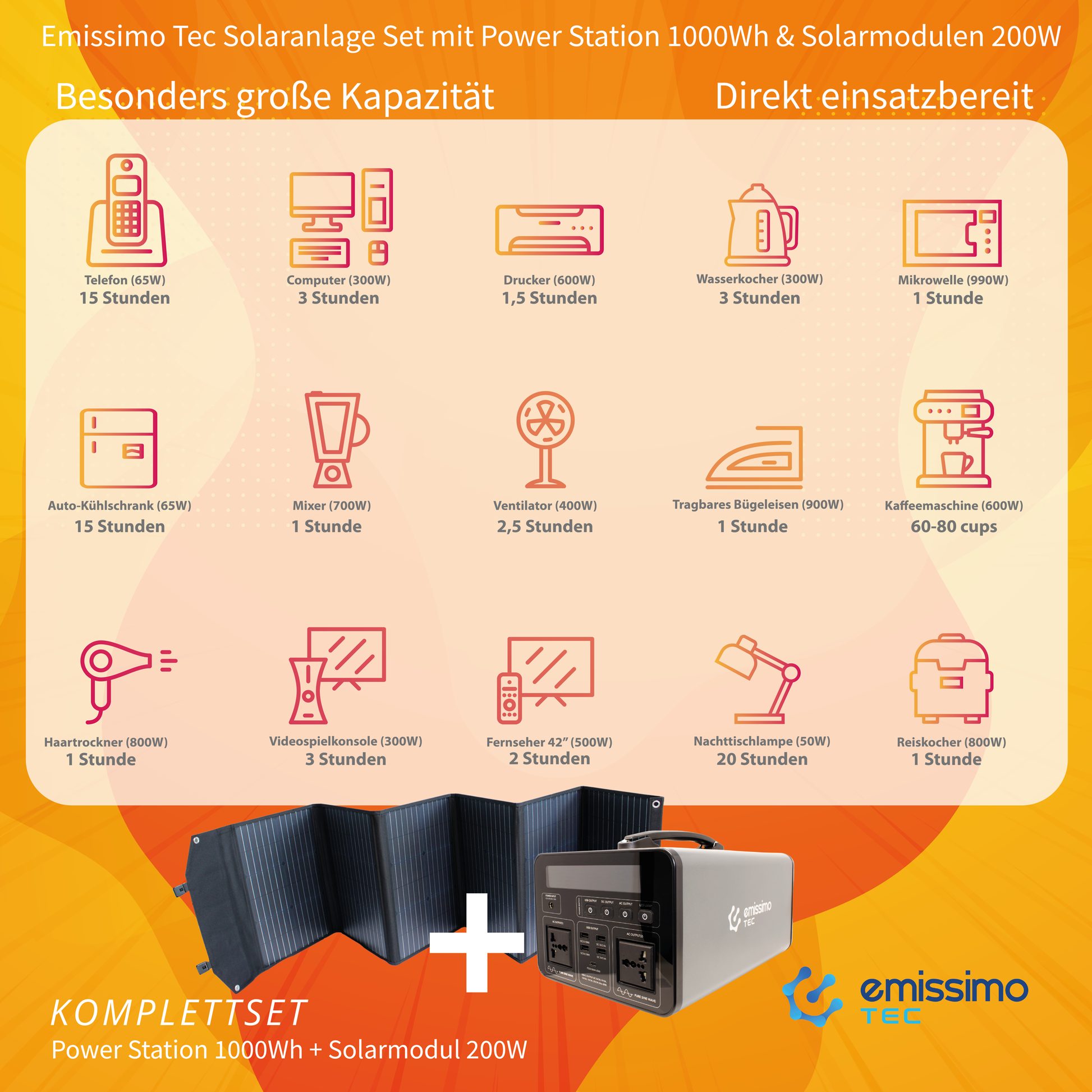 Emissimo Tec Starter Set Mobiler Strom 1000W Power Station + 200W Solar Panel