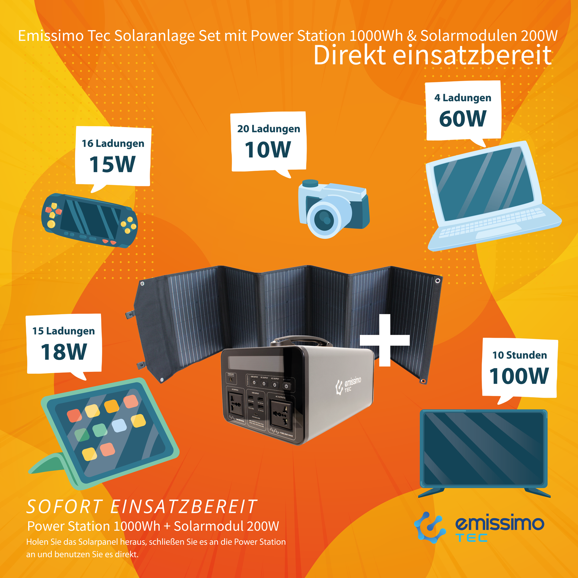 Emissimo Tec Starter Set Mobiler Strom 1000W Power Station + 200W Solar Panel