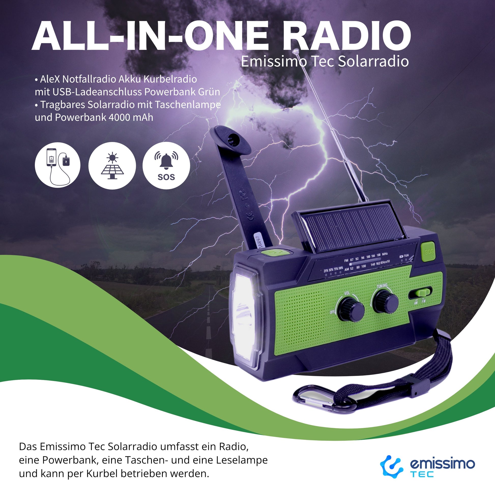emissimo Tec Solarradio -AleX Notfallradio Akku Kurbelradio mit USB-Ladeanschluss Powerbank