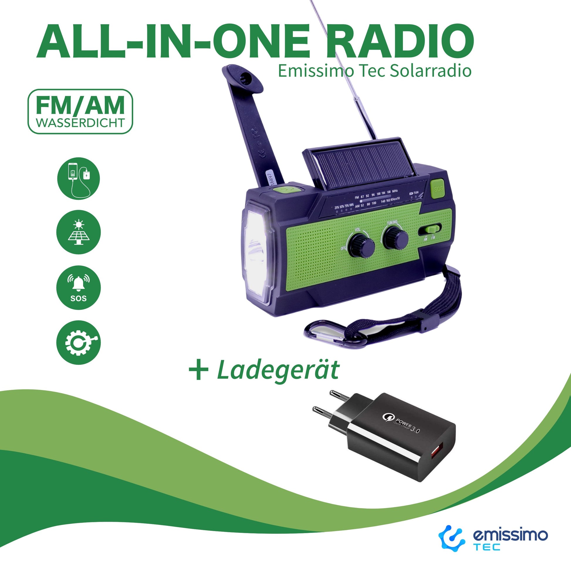 emissimo Tec Solarradio -AleX Notfallradio Akku Kurbelradio mit USB-Ladeanschluss Powerbank