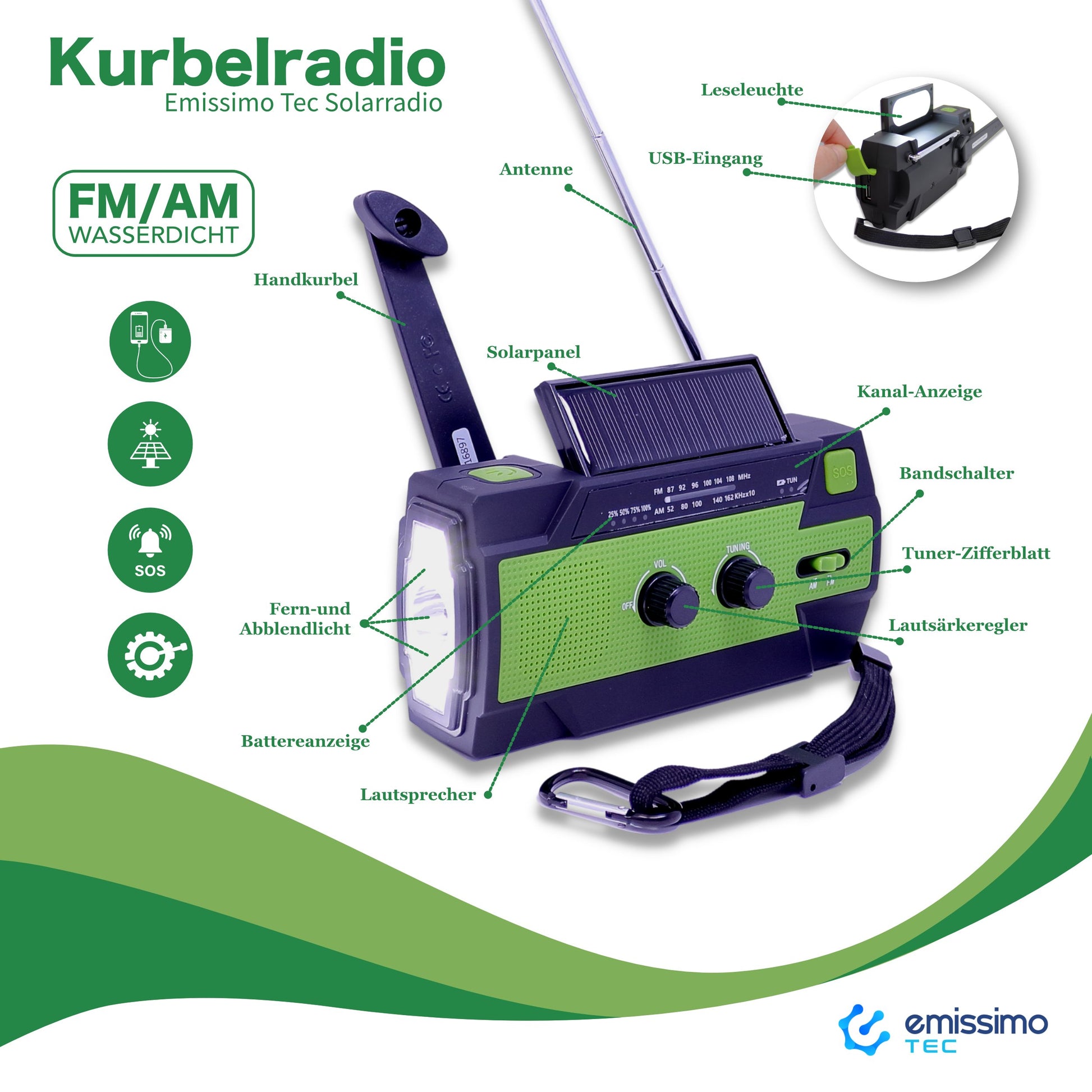 emissimo Tec Solarradio -AleX Notfallradio Akku Kurbelradio mit USB-Ladeanschluss Powerbank