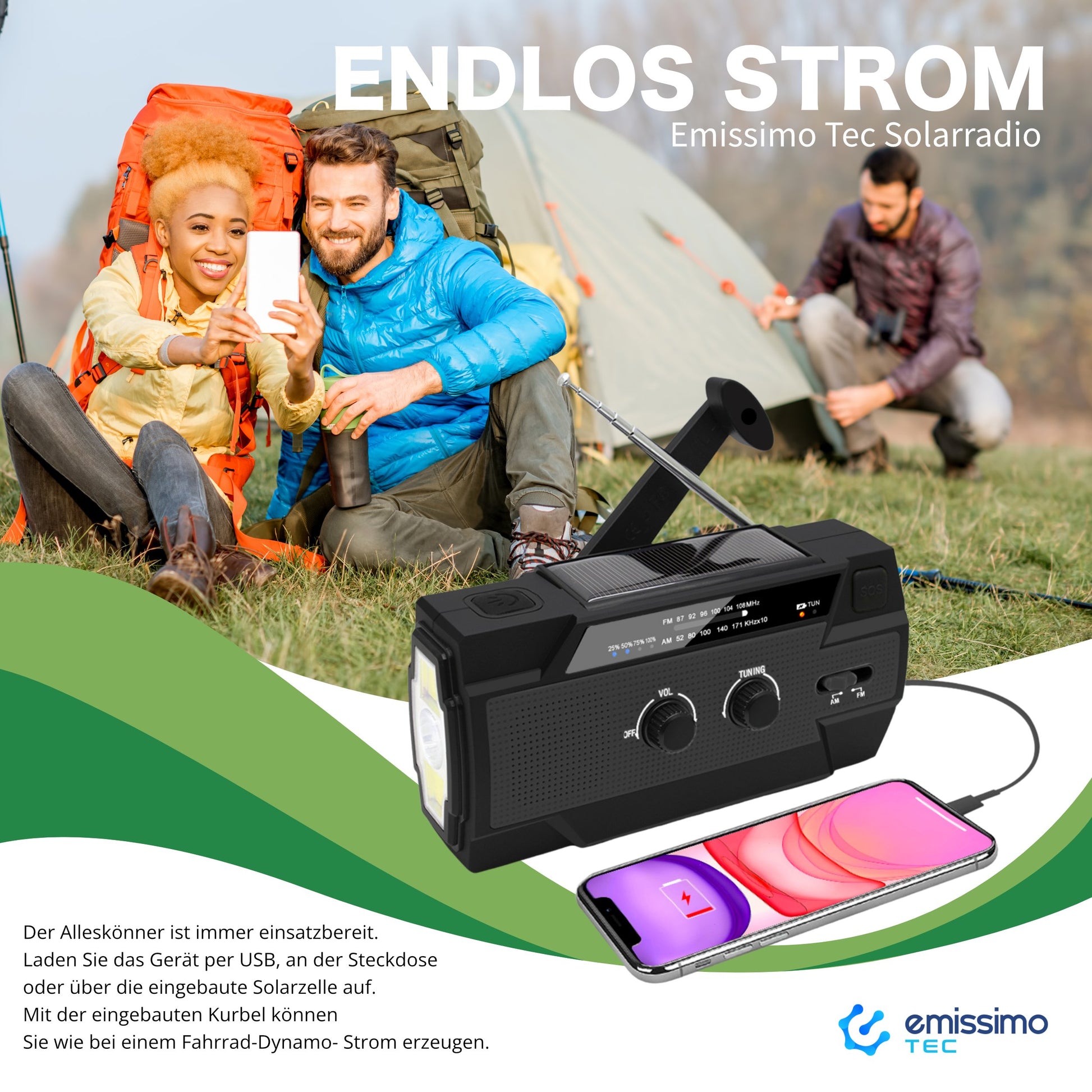 emissimo Tec Solarradio -AleX Notfallradio Akku Kurbelradio mit USB-Ladeanschluss Powerbank