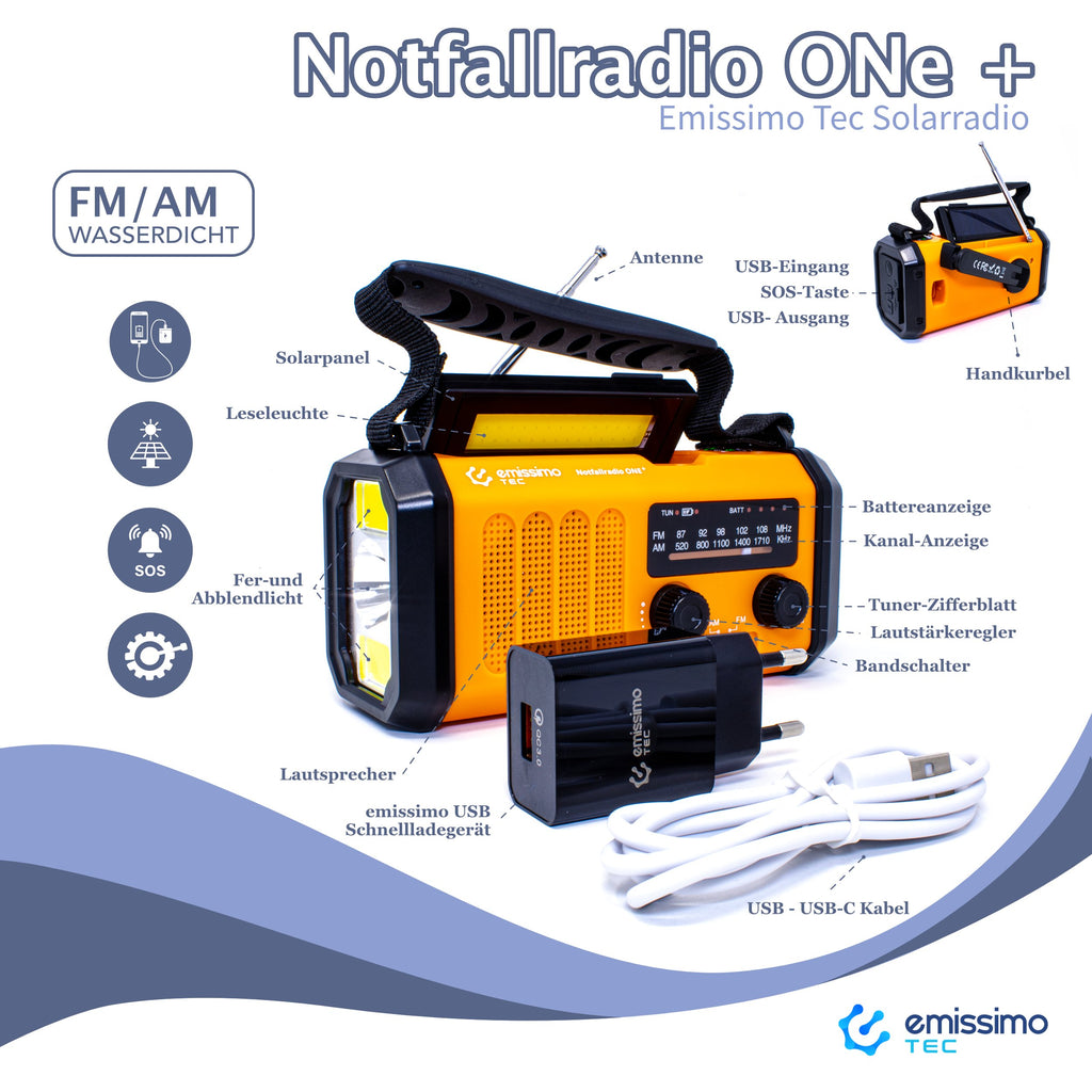 emissimo Tec Notfallradio ONE+ Kurbellradio 10000mah Notfall 5-in-1: Radio,Taschen- und Leselampe,Kompass und Powerbank,Handkurbel,Solarpanel & Strom