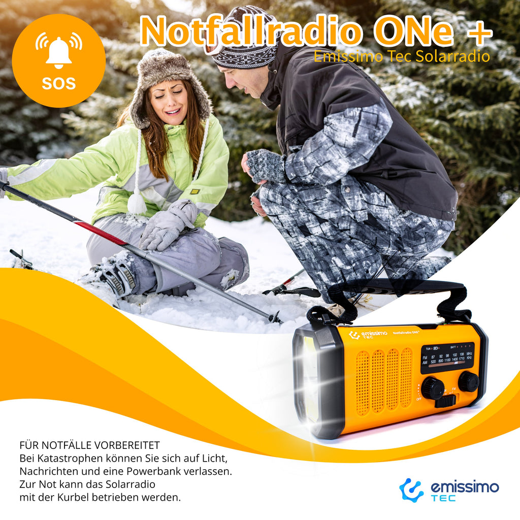 emissimo Tec Notfallradio ONE+ Kurbellradio 10000mah Notfall 5-in-1: Radio,Taschen- und Leselampe,Kompass und Powerbank,Handkurbel,Solarpanel & Strom