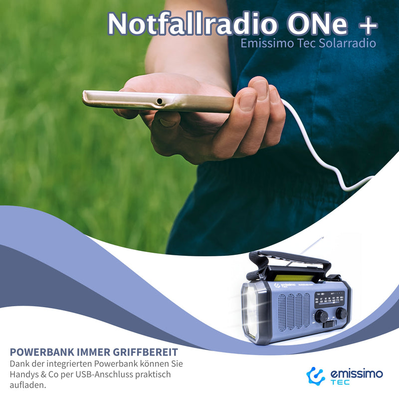 emissimo Tec Notfallradio ONE+ Kurbellradio 10000mah Notfall 5-in-1: Radio,Taschen- und Leselampe,Kompass und Powerbank,Handkurbel,Solarpanel & Strom