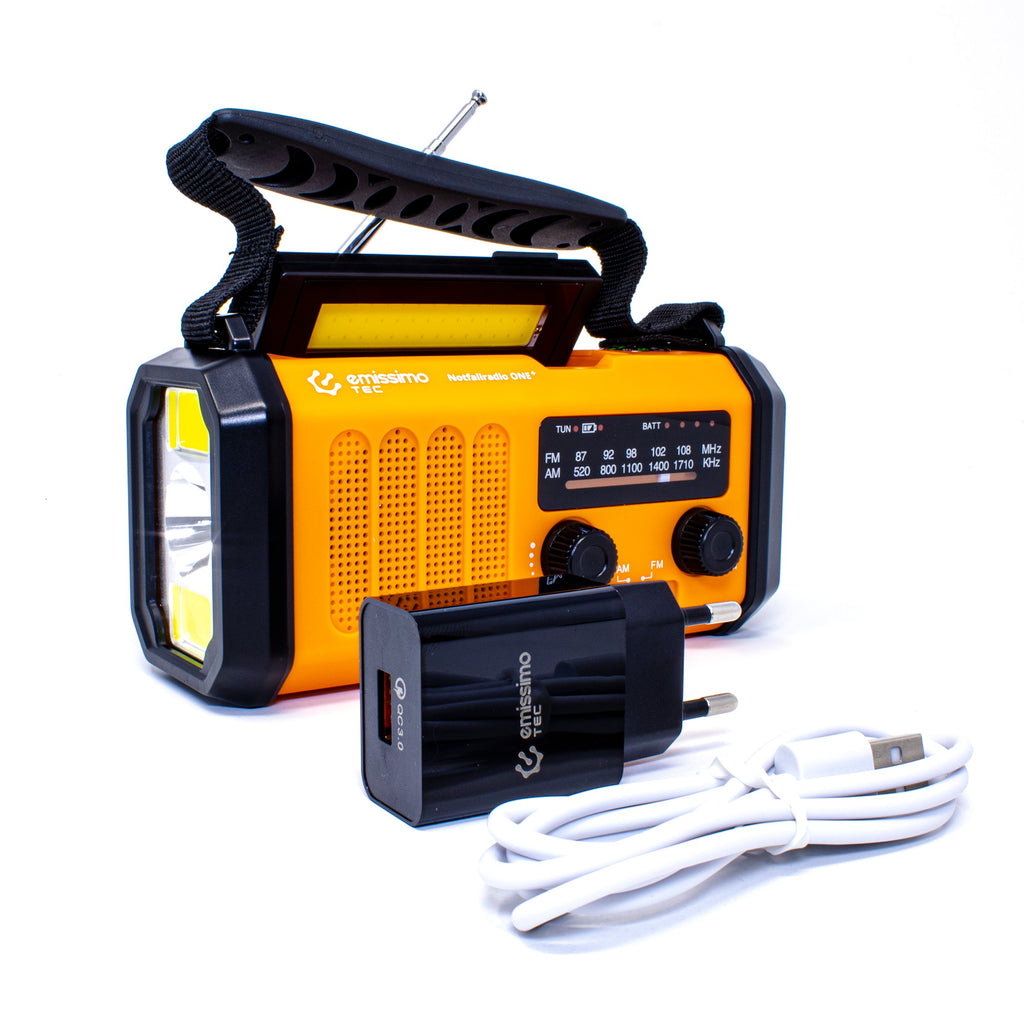 emissimo Tec Notfallradio ONE+ Kurbellradio 10000mah Notfall 5-in-1: Radio,Taschen- und Leselampe,Kompass und Powerbank,Handkurbel,Solarpanel & Strom