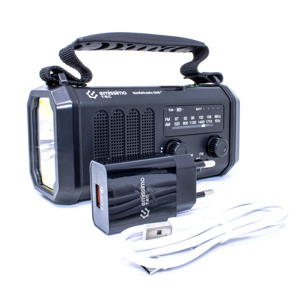 emissimo Tec Notfallradio ONE+ Kurbellradio 10000mah Notfall 5-in-1: Radio,Taschen- und Leselampe,Kompass und Powerbank,Handkurbel,Solarpanel & Strom