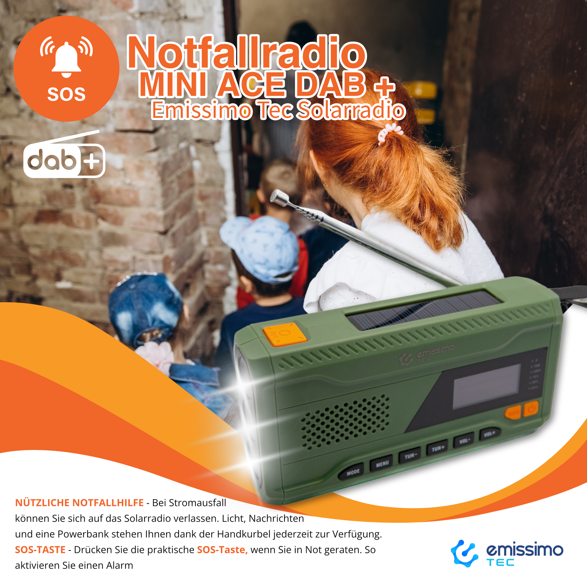Emissimo Tec Mini ACE DAB+ Notfallradio Kurbelradio Solarradio Powerbank Taschenlampe USB-C