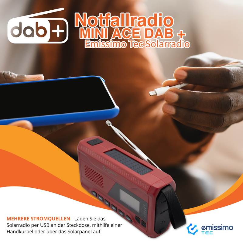 Emissimo Tec Mini ACE DAB+ Notfallradio Kurbelradio Solarradio Powerbank Taschenlampe USB-C