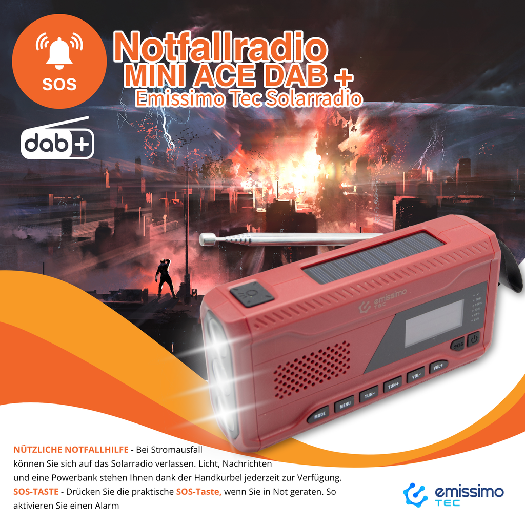Emissimo Tec Mini ACE DAB+ Notfallradio Kurbelradio Solarradio Powerbank Taschenlampe USB-C